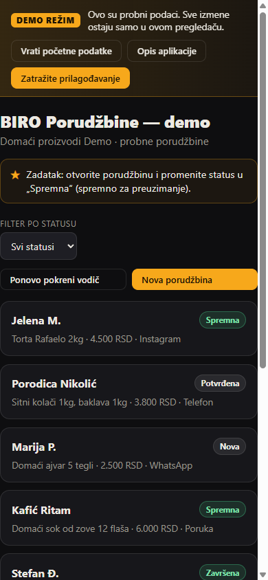 BIRO Porudžbine: lista porudžbina na telefonu.