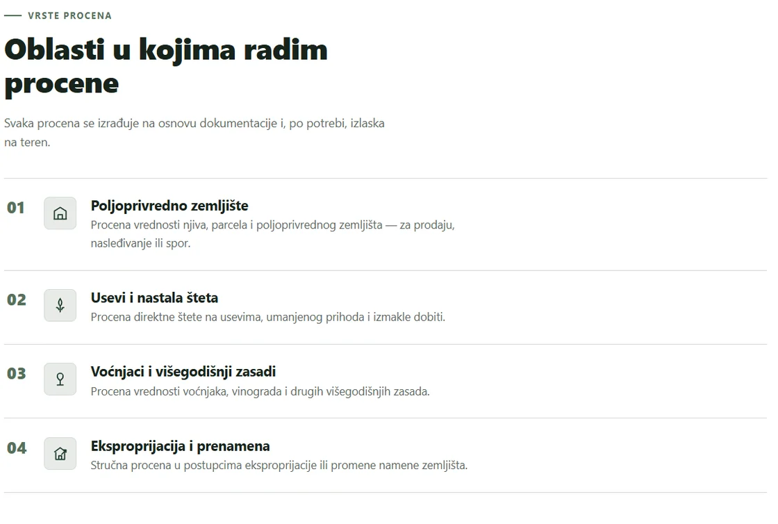 Isečak nove verzije: sekcija „Oblasti u kojima radim procene“ sa četiri jasno strukturirane vrste procena.