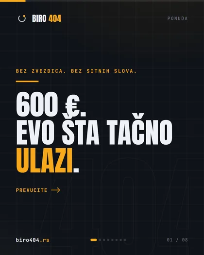 Karusel: šta tačno ulazi u izradu sajta za 600 evra — struktura, brzina, osnovni SEO, kontakt i mapa, izmene i uputstvo, rok deset radnih dana.